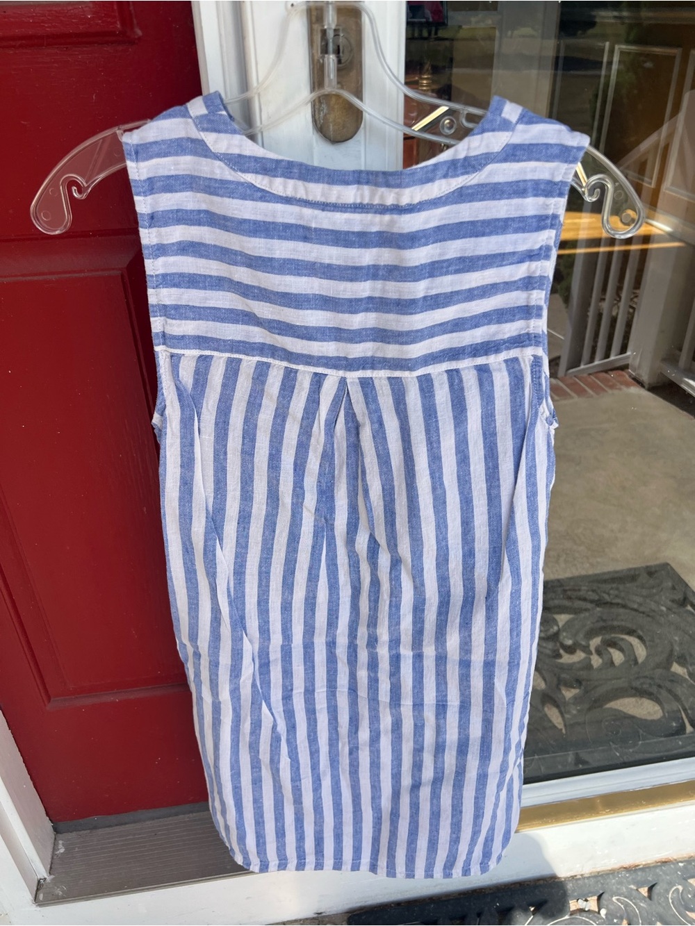 Nicole Miller Blue and White Striped Linen V-Neck Mini Dress - Picture 7 of 7